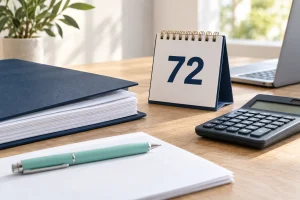Ημερολόγιο με τον αριθμό 72, φάκελος εγγράφων και αριθμομηχανή σε γραφείο